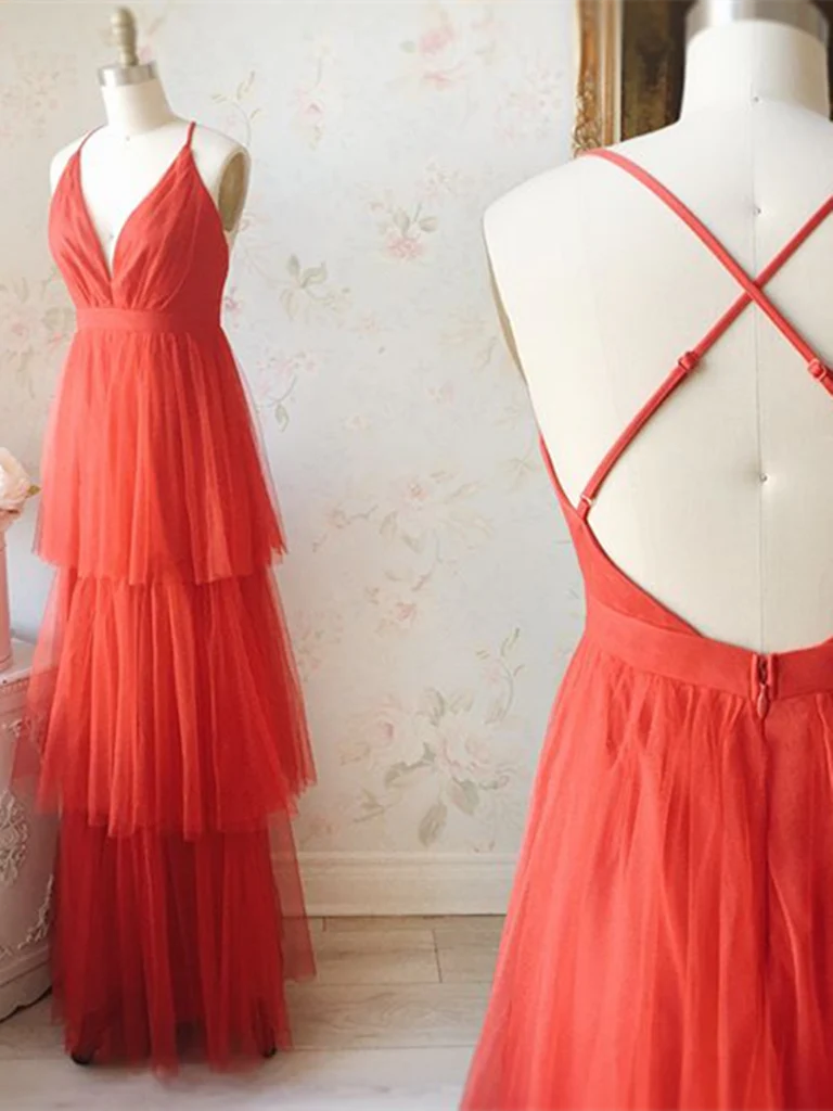 A-line V Neck Backless Tulle Prom Dresses Formal Evening Dresses